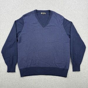 MacAlan Sweater Mens Large Blue Geometric V Neck Scotland 100% Cashmere Pullover